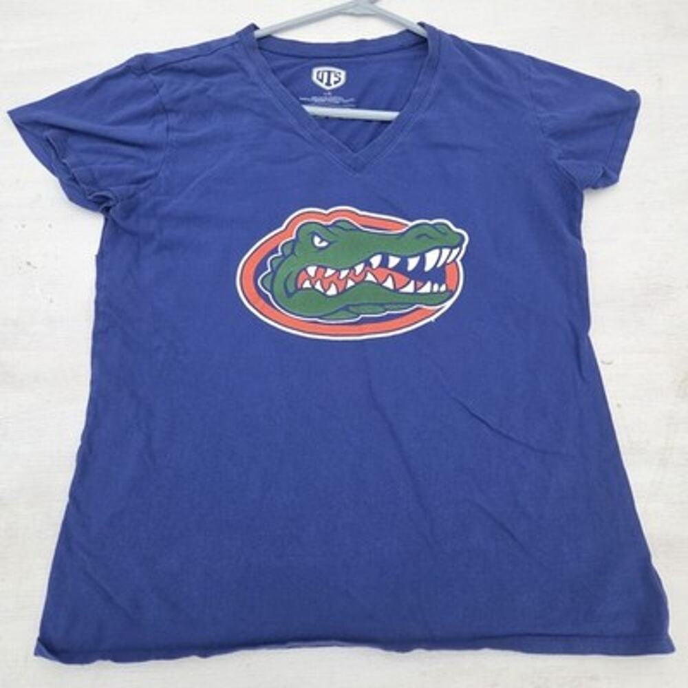 Florida Gators T-Shirt Womens L Blue UF V Neck Short Sleeve NCAA Big Logo